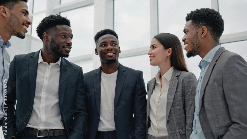 A confident group of African and Caucasian business professionals engage in a discussion in a office space. Concept of corporate networking, gender diversity in business, and professional collaboratio A confident group of African and Caucasian business professionals engage in a discussion in a office space. Concept of corporate networking, gender diversity in business, and professional collaboratio