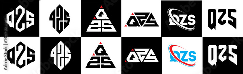 QZS letter logo design in six style. QZS polygon, circle, triangle, hexagon, flat and simple style with black and white color variation letter logo set in one artboard. QZS minimalist and classic logo