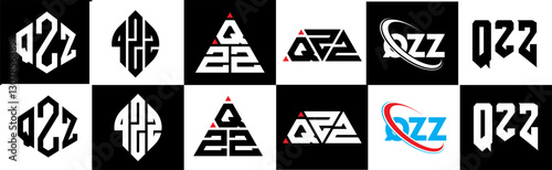 QZZ letter logo design in six style. QZZ polygon, circle, triangle, hexagon, flat and simple style with black and white color variation letter logo set in one artboard. QZZ minimalist and classic logo