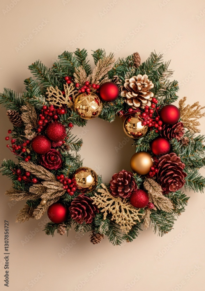Festive Christmas wreath with pine cones, greenery, berries, and ornaments. Festive Christmas wreath with pine cones, greenery, berries, and ornaments.