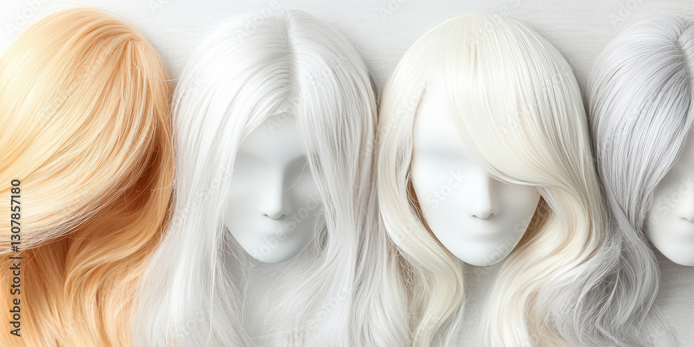 Mannequin heads with various different wigs. Assortment of the wig store. Mannequin heads with various different wigs. Assortment of the wig store.