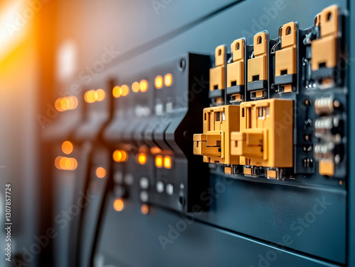 Ethernet cables plugged into a data center panel with illuminated indicators. The image showcases the efficiency and power of high-speed digital networks
