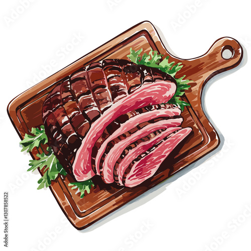 Watercolor Smoked Brisket on Wooden Cutting Board