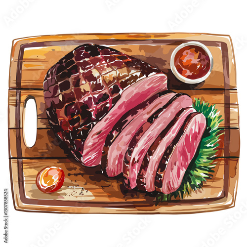 Watercolor Smoked Brisket on Wooden Cutting Board