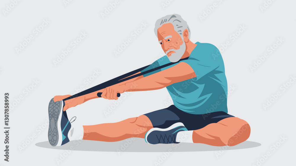 Obraz premium Senior man stretching with resistance band, active aging, healthy lifestyle for elderly.