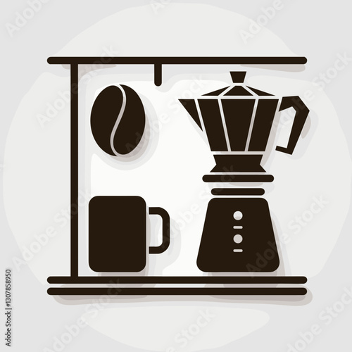 Minimalist coffee corner with moka pot and cup, vintage coffee brewing concept.