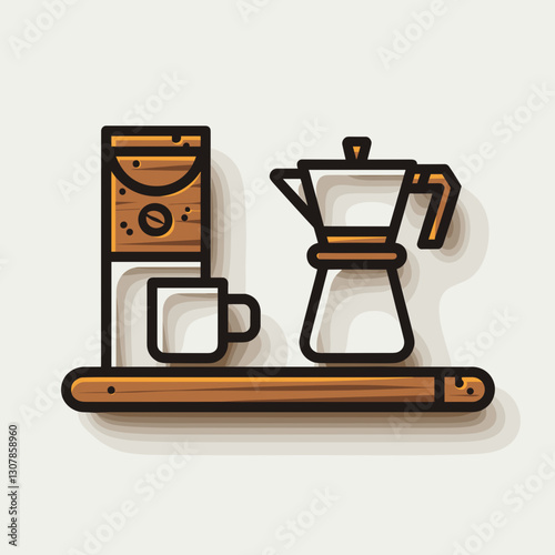 Vintage coffee brewing setup, manual grinder and moka pot, specialty coffee concept.