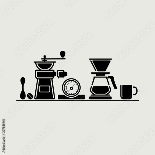 Minimalist coffee brewing equipment, specialty coffee preparation, barista tools illustration.