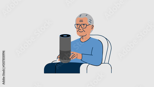 Senior man using smart speaker, voice assistant for elderly, modern home technology.