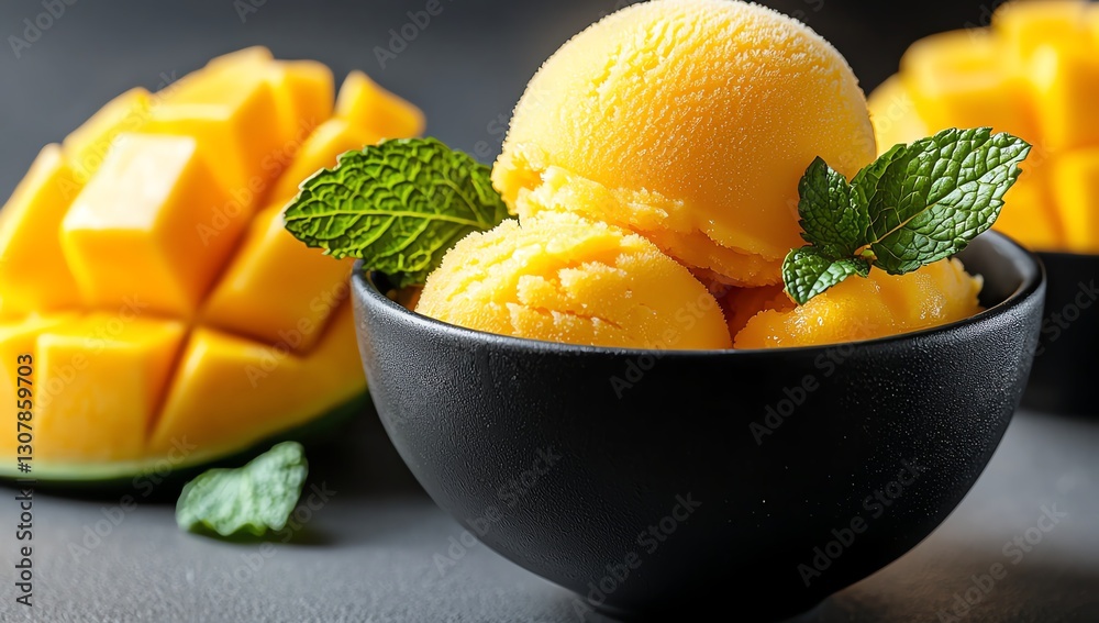 A vibrant bowl of mango sorbet garnished with fresh mint leaves, alongside ripe mango cubes. This refreshing dessert is perfect for hot summer days and appeals to fruit lovers. A vibrant bowl of mango sorbet garnished with fresh mint leaves, alongside ripe mango cubes. This refreshing dessert is perfect for hot summer days and appeals to fruit lovers.