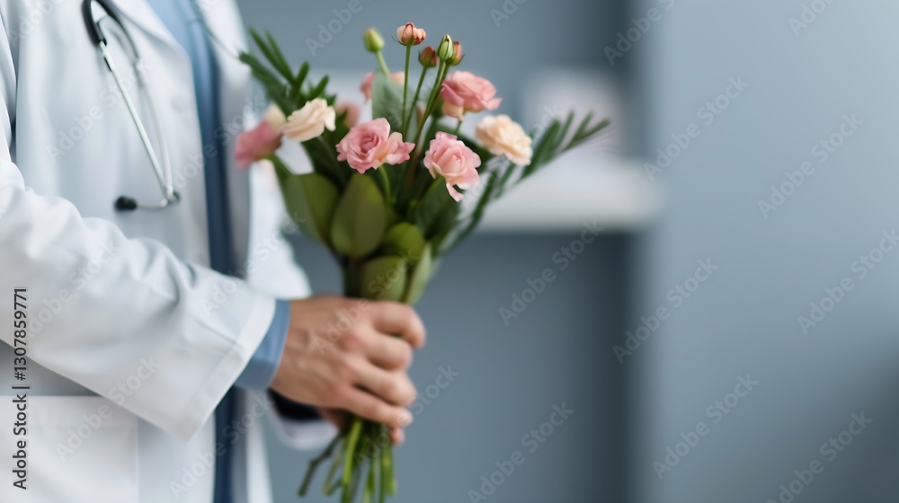 A Doctor Holding a Beautiful Bouquet of Flowers in a Clinic A Doctor Holding a Beautiful Bouquet of Flowers in a Clinic