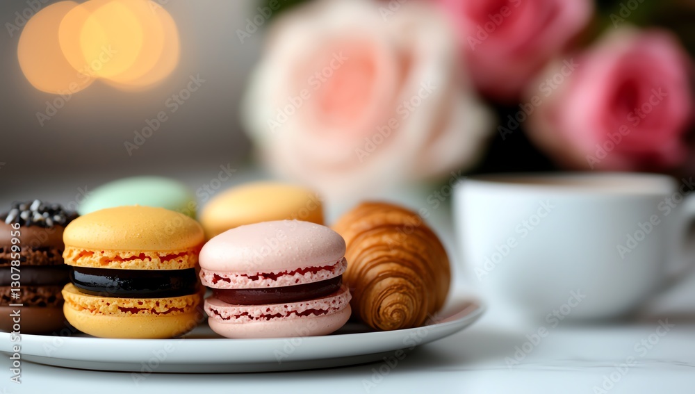 Obraz premium A delightful arrangement of colorful macarons served on a plate, accompanied by a croissant and a cup of steaming coffee, set against a blurred background of blooming roses.