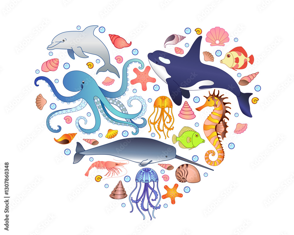 Naklejka premium The inhabitants of the underwater world - fish, mammals, mollusks located in the shape of a heart - vector print. The heart of the ocean - a picture on the theme of ecology and the protection 
