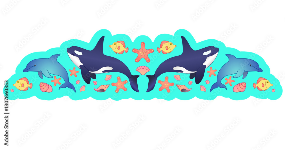 Fototapeta premium Symmetrical marine vector illustration divider with killer whales, dolphins, fish and shells in cartoon style. Divider border for websites or print on the underwater world and its inhabitants.