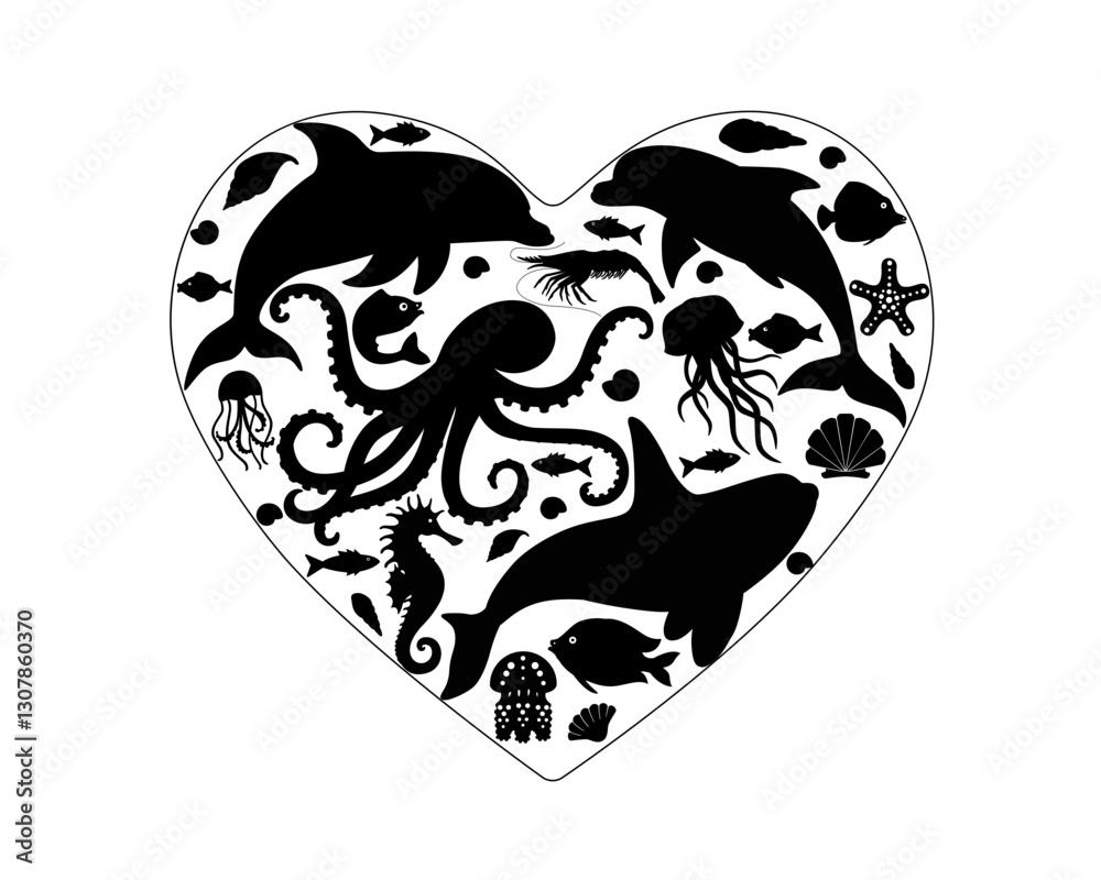 Naklejka premium Sea life. I love ocean heart with sea animals. Silhouettes of marine life located in the shape of a heart - dolphins, killer whale, octopus, fish and shells. Illustration of black silhouettes. 