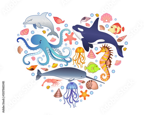 The inhabitants of the underwater world - fish, mammals, mollusks located in the shape of a heart - vector print. The heart of the ocean - a picture on the theme of ecology and the protection 