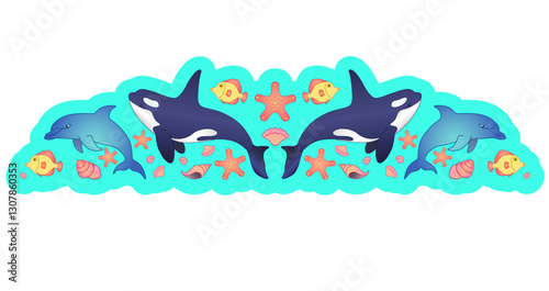 Symmetrical marine vector illustration divider with killer whales, dolphins, fish and shells in cartoon style. Divider border for websites or print on the underwater world and its inhabitants.
