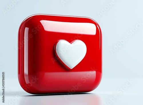 A glossy red button featuring a white heart symbol, reflecting modern digital aesthetics. Ideal for conveying love, connection, or social media interactions.