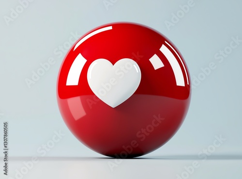 A vibrant red sphere featuring a white heart symbol, representing love and affection. This minimalist design is perfect for themes of romance, care, and emotional connection.