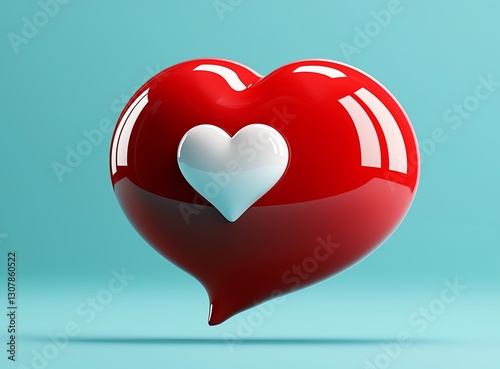 A glossy red heart shaped balloon with a smaller white heart in the center, floating against a soft blue background, symbolizing love, affection, and romance in a playful way.