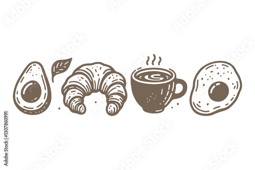 Breakfast items: coffee, avocado, croissant, eggs, line art vector