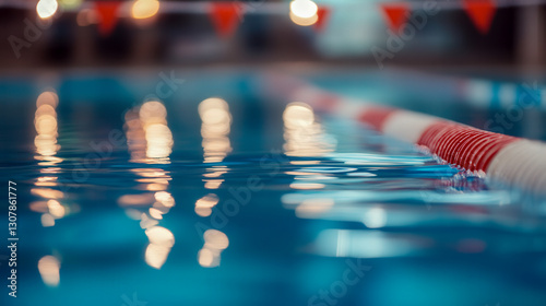 Wallpaper Mural Close-up of a swimming pool lane with water ripples and blurry background lights, conveying a calm and focused atmosphere. Torontodigital.ca