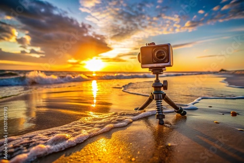 4K Sunset Beach Waves: Action Camera Closeup Recording Stunning Coastal Scene