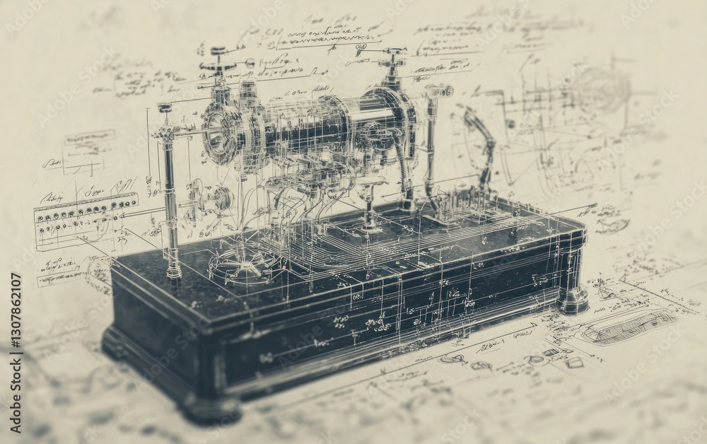 Obraz premium Vintage technology blueprint overlay on antique device.
