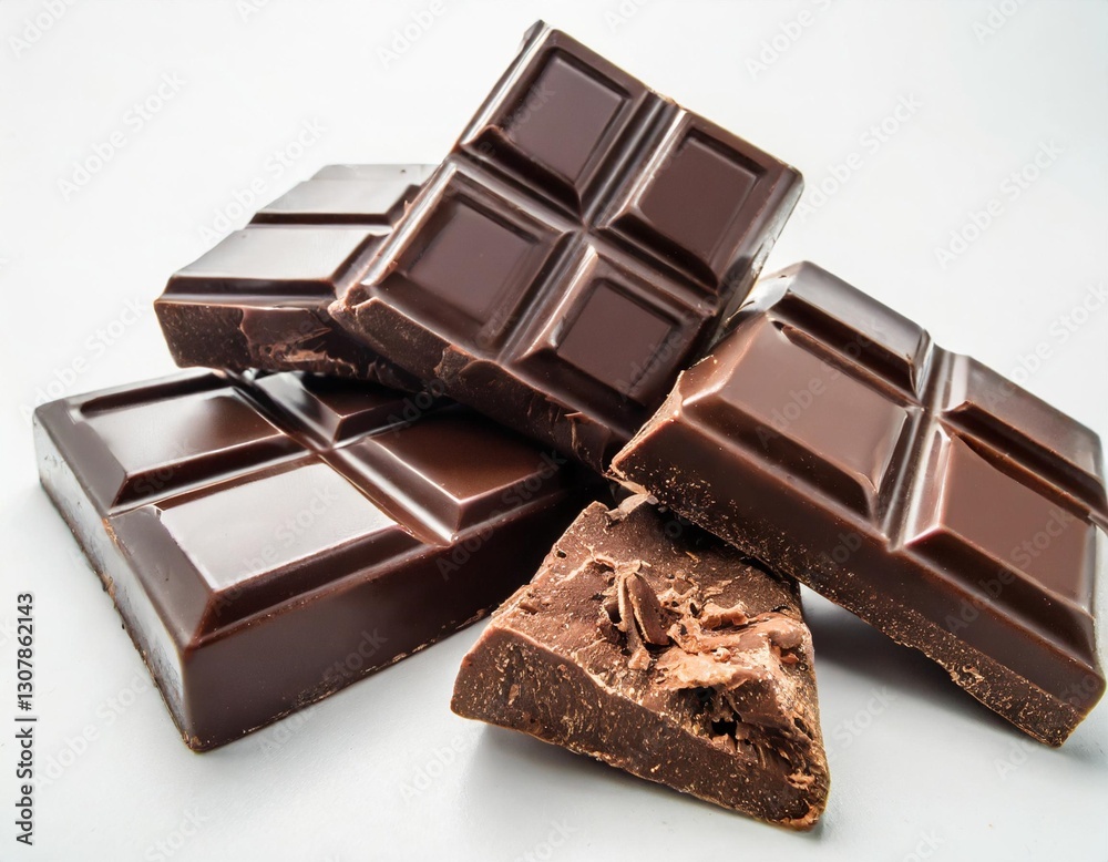 Fototapeta premium Collection of Dark Chocolate Chunks Perfectly Isolated on a White Background