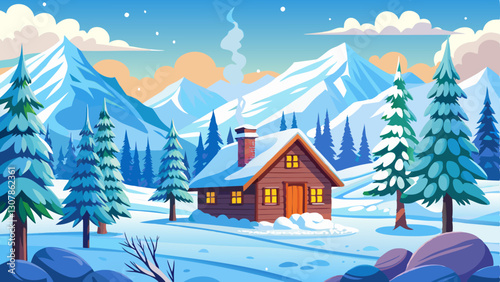 snowy winter landscape with pine trees and a cozy wooden cabin