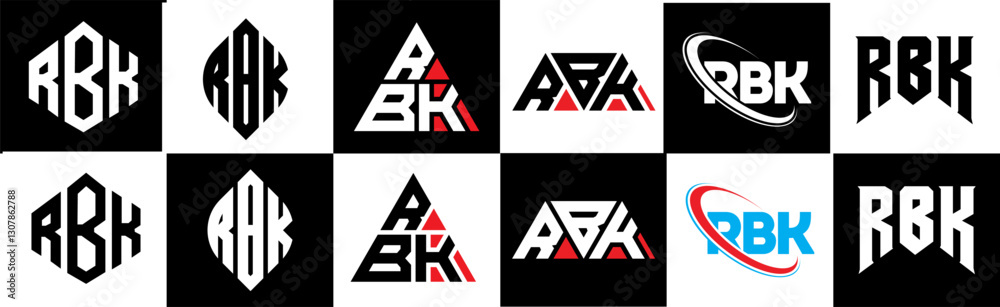 Obraz premium RBK letter logo design in six style. RBK polygon, circle, triangle, hexagon, flat and simple style with black and white color variation letter logo set in one artboard. RBK minimalist and classic logo