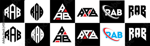 RAB letter logo design in six style. RAB polygon, circle, triangle, hexagon, flat and simple style with black and white color variation letter logo set in one artboard. RAB minimalist and classic logo