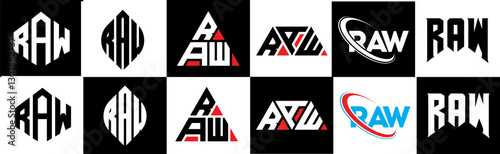 RAW letter logo design in six style. RAW polygon, circle, triangle, hexagon, flat and simple style with black and white color variation letter logo set in one artboard. RAW minimalist and classic logo