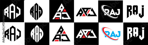 RAJ letter logo design in six style. RAJ polygon, circle, triangle, hexagon, flat and simple style with black and white color variation letter logo set in one artboard. RAJ minimalist and classic logo