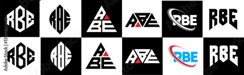 RBE letter logo design in six style. RBE polygon, circle, triangle, hexagon, flat and simple style with black and white color variation letter logo set in one artboard. RBE minimalist and classic logo