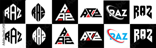 RAZ letter logo design in six style. RAZ polygon, circle, triangle, hexagon, flat and simple style with black and white color variation letter logo set in one artboard. RAZ minimalist and classic logo