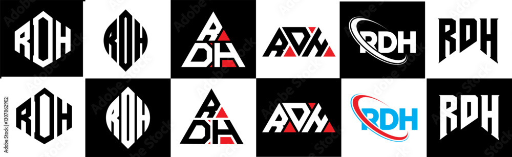 RDH letter logo design in six style. RDH polygon, circle, triangle, hexagon, flat and simple style with black and white color variation letter logo set in one artboard. RDH minimalist and classic logo RDH letter logo design in six style. RDH polygon, circle, triangle, hexagon, flat and simple style with black and white color variation letter logo set in one artboard. RDH minimalist and classic logo