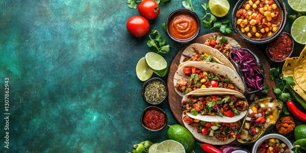 Delicious array of tacos with fresh toppings served on vibrant green table Delicious array of tacos with fresh toppings served on vibrant green table