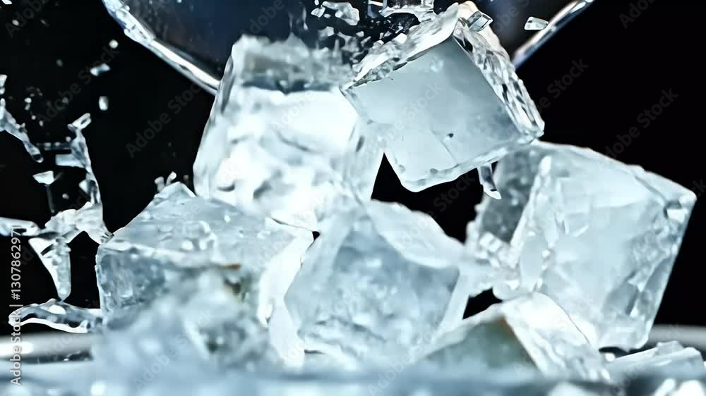 Ice cubes tumbling bartender’s scoop elegant slow motion dark background captured ultra high definition video cinematic beverage visuals