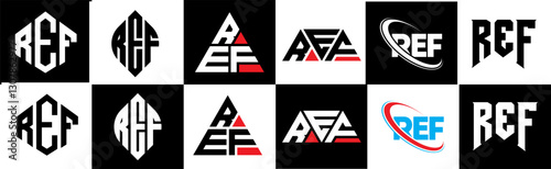 REF letter logo design in six style. REF polygon, circle, triangle, hexagon, flat and simple style with black and white color variation letter logo set in one artboard. REF minimalist and classic logo