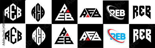 REB letter logo design in six style. REB polygon, circle, triangle, hexagon, flat and simple style with black and white color variation letter logo set in one artboard. REB minimalist and classic logo