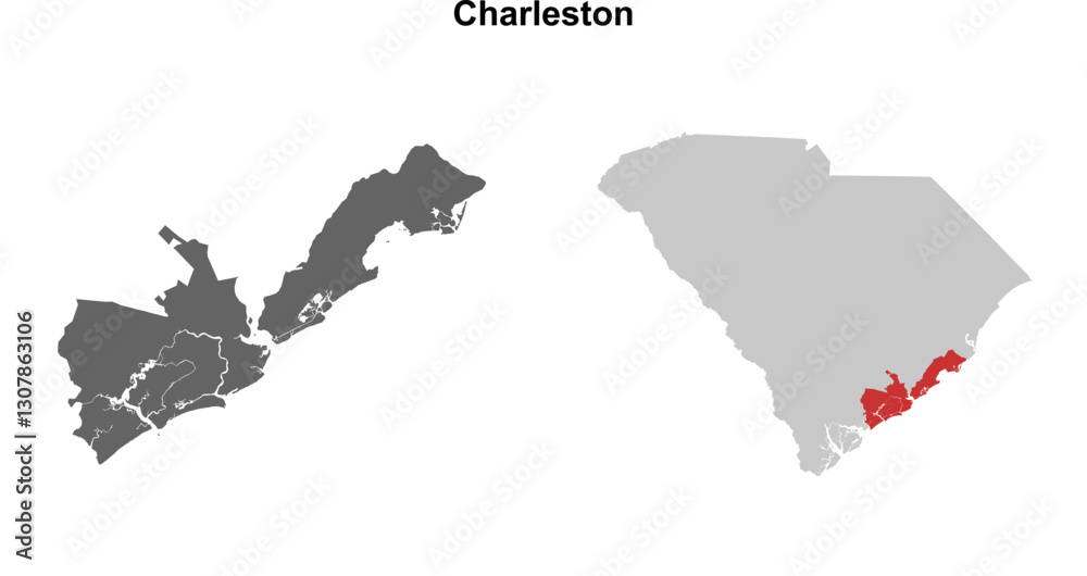 Obraz premium Charleston County (South Carolina) blank outline map set