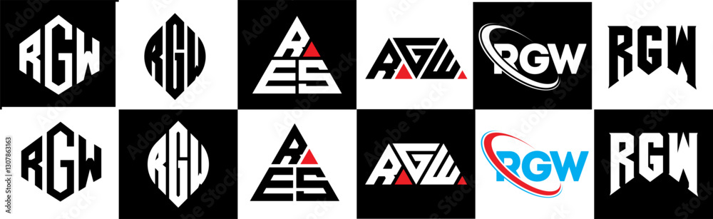 RGW letter logo design in six style. RGW polygon, circle, triangle, hexagon, flat and simple style with black and white color variation letter logo set in one artboard. RGW minimalist and classic logo RGW letter logo design in six style. RGW polygon, circle, triangle, hexagon, flat and simple style with black and white color variation letter logo set in one artboard. RGW minimalist and classic logo