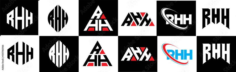 RHH letter logo design in six style. RHH polygon, circle, triangle, hexagon, flat and simple style with black and white color variation letter logo set in one artboard. RHH minimalist and classic logo RHH letter logo design in six style. RHH polygon, circle, triangle, hexagon, flat and simple style with black and white color variation letter logo set in one artboard. RHH minimalist and classic logo