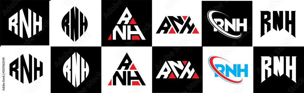 RNH letter logo design in six style. RNH polygon, circle, triangle, hexagon, flat and simple style with black and white color variation letter logo set in one artboard. RNH minimalist and classic logo RNH letter logo design in six style. RNH polygon, circle, triangle, hexagon, flat and simple style with black and white color variation letter logo set in one artboard. RNH minimalist and classic logo