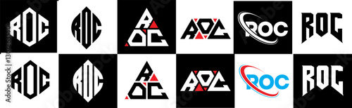 ROC letter logo design in six style. ROC polygon, circle, triangle, hexagon, flat and simple style with black and white color variation letter logo set in one artboard. ROC minimalist and classic logo