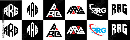 RRG letter logo design in six style. RRG polygon, circle, triangle, hexagon, flat and simple style with black and white color variation letter logo set in one artboard. RRG minimalist and classic logo