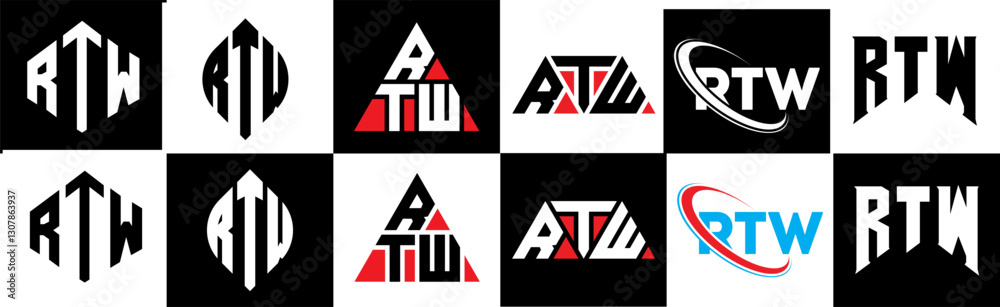 Obraz premium RTW letter logo design in six style. RTW polygon, circle, triangle, hexagon, flat and simple style with black and white color variation letter logo set in one artboard. RTW minimalist and classic logo