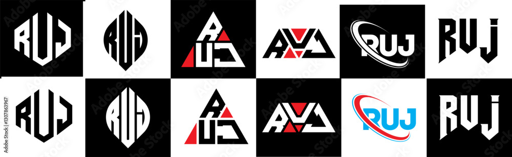 Obraz premium RUJ letter logo design in six style. RUJ polygon, circle, triangle, hexagon, flat and simple style with black and white color variation letter logo set in one artboard. RUJ minimalist and classic logo