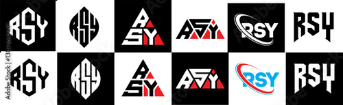 RSY letter logo design in six style. RSY polygon, circle, triangle, hexagon, flat and simple style with black and white color variation letter logo set in one artboard. RSY minimalist and classic logo